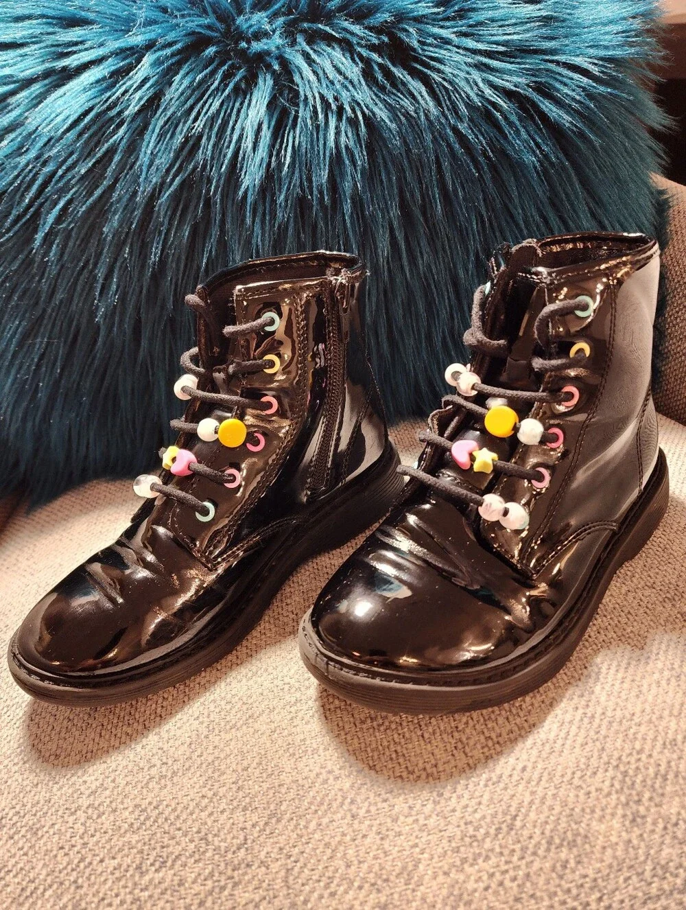 Place Black Patent Kids Lace-Up Combat Boots with Multicolor Bead Accents SZ 1
